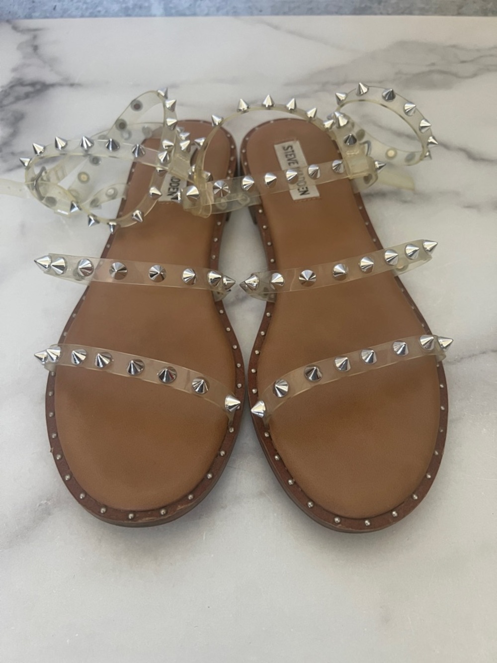 Steve Madden Clear Studded Ankle Strap Sandals with Tan Footbed